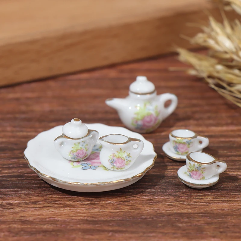 

8Pcs/set 1/12 Dollhouse Miniature Ceramics Tea Set Simulation Kettle Plate Cup