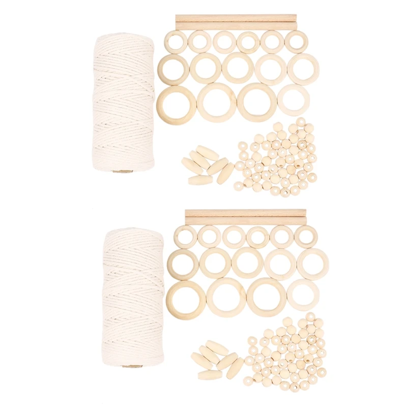 

2X Macrame Cord Natural Cotton Rope 3Mm With Wood Ring Wood Stick For DIY Teether Macrame Kit Wall Hanging Plant Hanger