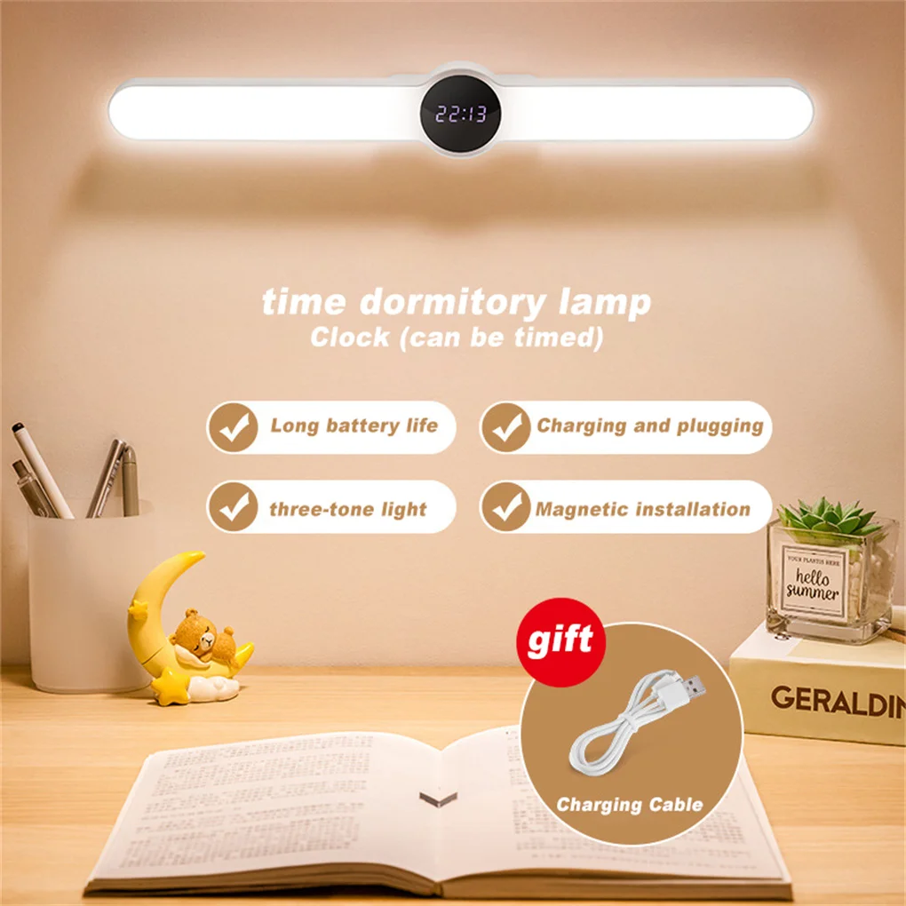 

Dimmable Reading Light Bar with Clock Table Stick-on Lamp Living Room Bathroom LED Nightlight Students Home Office
