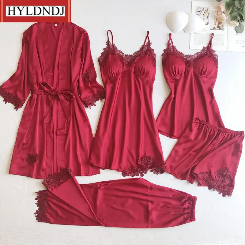 

Женское кружевное ночное белье с V-образным вырезом, Пижамный костюм, домашняя одежда, весенняя одежда для сна, халат, ночная рубашка, одежда для сна, Пижама, неглиже, серый комплект из 5 предметов, ночная рубашка