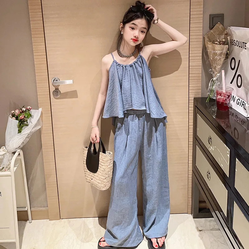 

Girls Outfits Set Summer Designer Off-shoulder Strap Vest Wide Leg Pants Two Pieces Teen Kids Clothes Fashion Children Clothing