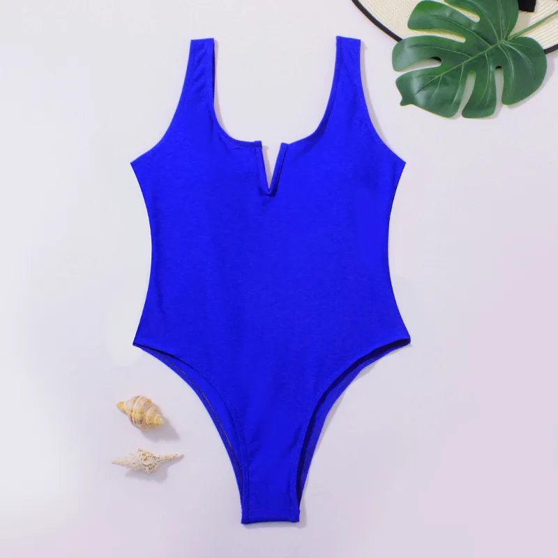 

Sexy V Shape Front Swimsuit Women One Piece Bathing Suit Solid Color Swimwear Monokini Beach Wear Bather Maillot De Bain Femme