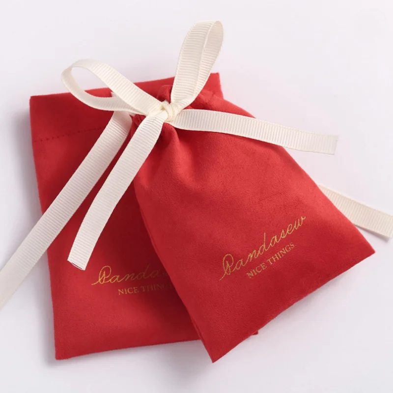Red Flannel Gift Bags 7x9cm 9x12cm 10x15cm 13x17cm 18x30cm Eyelashes Hair Packaging Sack Jewelry Suede Drawstring Pouches