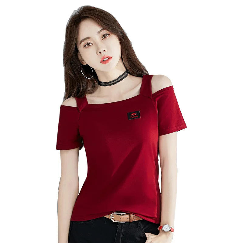 

Off The Shoulder Tops For Women Summer T Shirts Slash Neck T-Shirt Cotton Tshirt Camiseta Mujer 2022 Vetement Femme