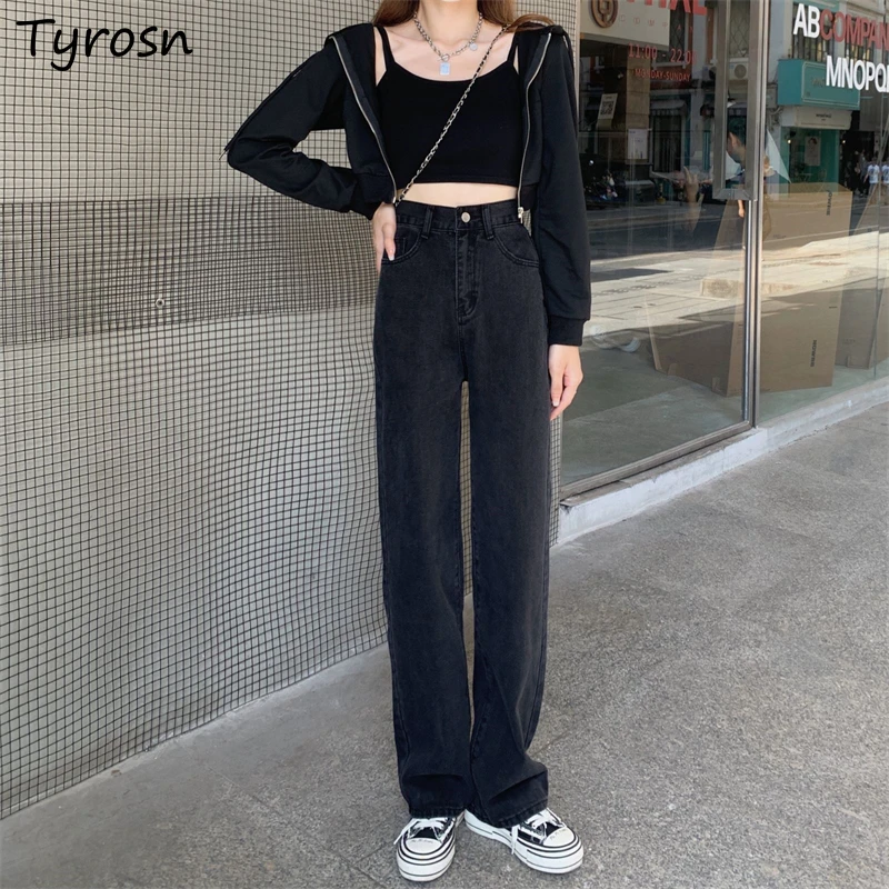 

Black Jeans Women Vintage Streetwear Wide Leg Jean High Waisted All-match Button Fly Loose Denim Trousers Mujer Ulzzang Daily