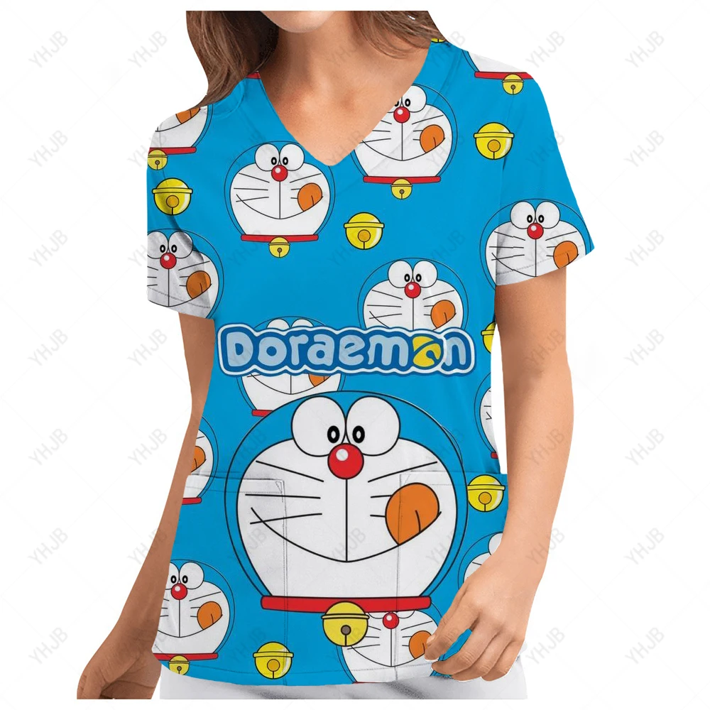 

Summer Women Medical Uniforms Nurse Doraemon Print Workwear Clothes Dental Clinic Beauty Salon Pet Pharmacy Work Suits