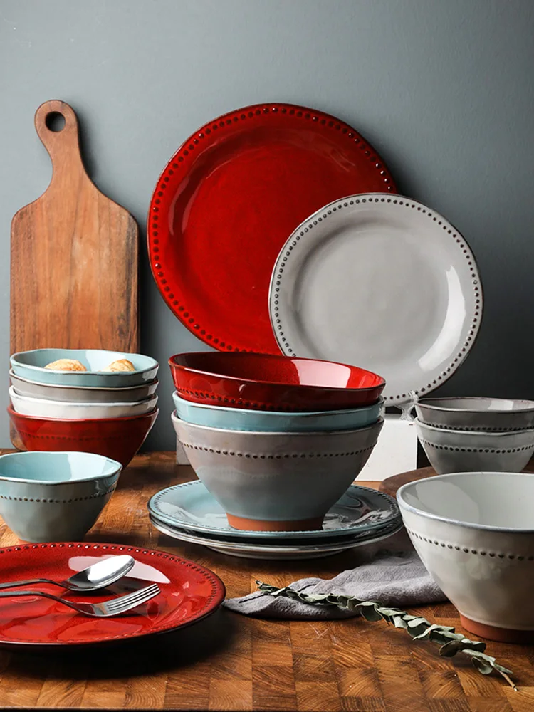 

Retro Creative Crockery Utensils 11 Inch Shallow Plate Noodle Soup Bowl Steak Dish Red White Dinner Set Household Dinnerware
