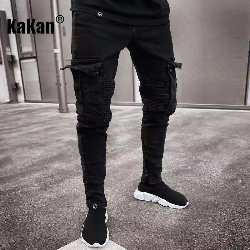 Kakan - European and American New Trend Knee Hole Broken Zipper Small Foot Jeans for Men, Elastic Side Pocket Long Jeans K45-829