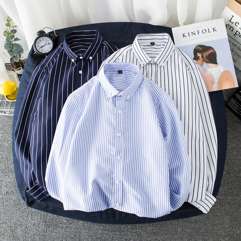 

Spring Autumn Blouse Men's Long-Sleeved Korean-Style Trendy Black and White Striped Shirt Coat Bottoming Youth Casual Top