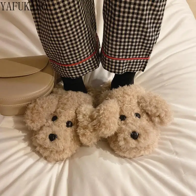 

2022 New Winter Women Slippers Cartoon Dogs Flip Flops Female for Home Warm Plush Slides Kawaii Big Ear Flat Shoes