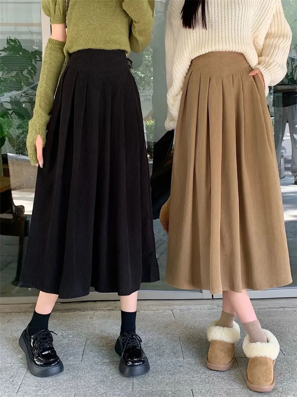 

Черная, коричневая, розовая Вельветовая плиссированная юбка, Женская осенне-Весенняя облегающая универсальная трапециевидная юбка средней длины с высокой талией, уличная одежда