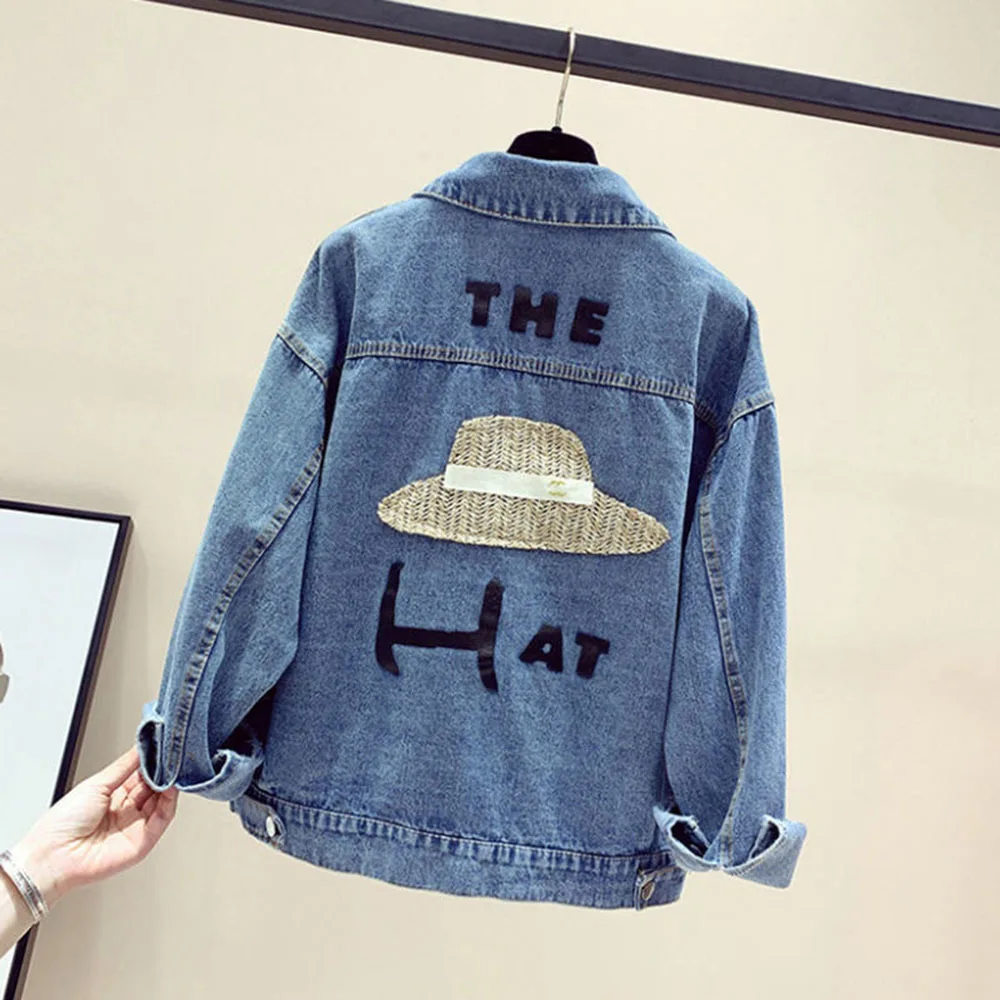 

Streetwear Denim Jacket For Women Fashion Loose Letter Embroidery Jean Jackets Coat Streetwear