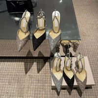 2022 summer sequined high heeled shoes wedding shoes pointed v shaped mouth hollow rhinestone chain sexy stiletto sandals women