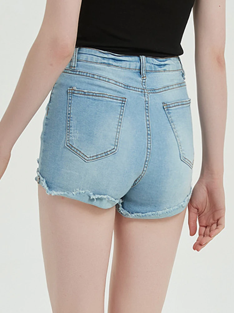 Women Vintage Hole Frayed Raw Hem Blue Denim Shorts Spring Summer Female Streetwear Button High Waist Jeans Shorts