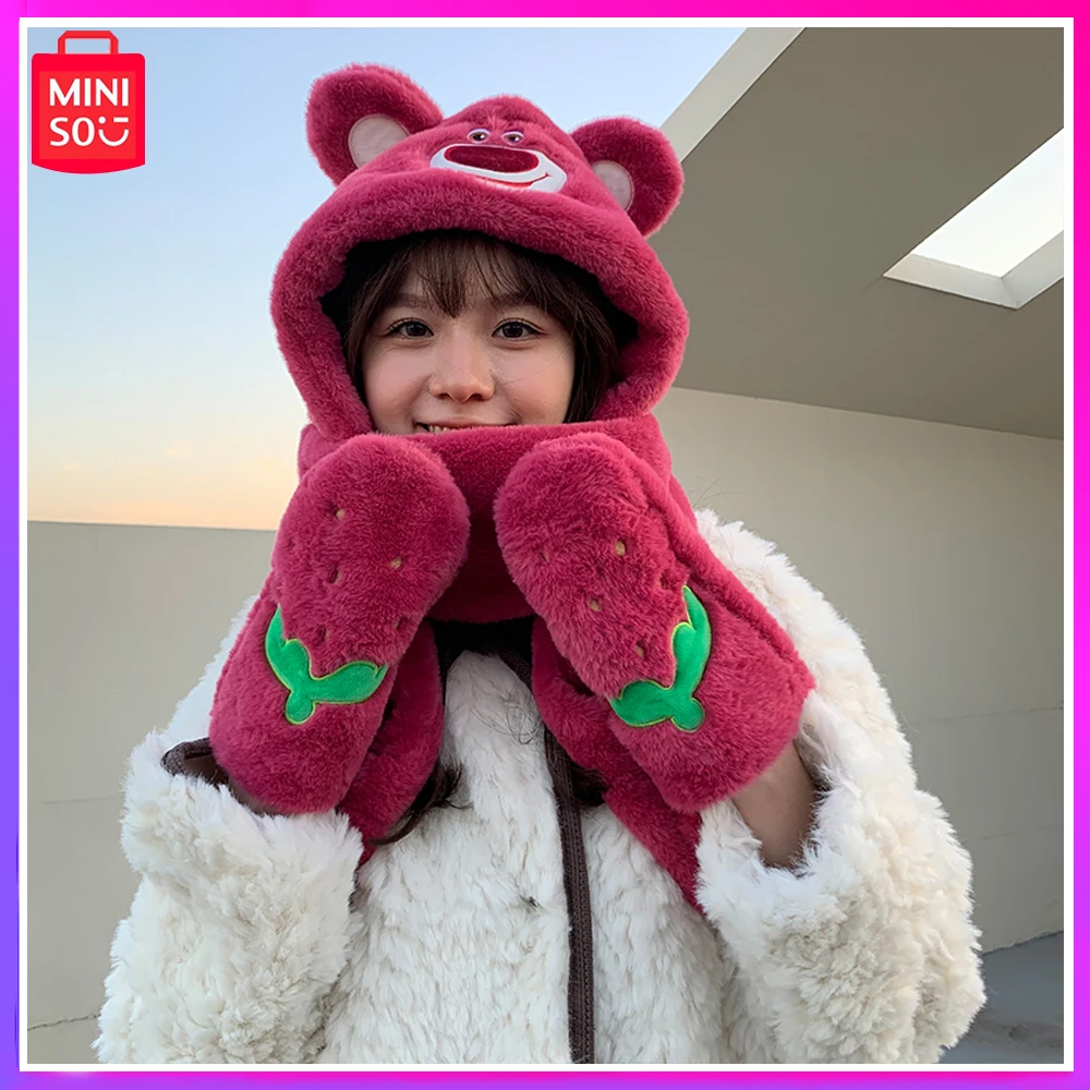 

Miniso 2023 New Strawberry Bear Warm Plush Hat Lady Hat Scarf One Hooded Winter Bib Glove Three-Piece Christmas Gift Surprise