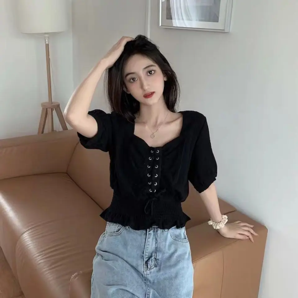 Модные белые женские блузки на завязках с пышными рукавами однотонная