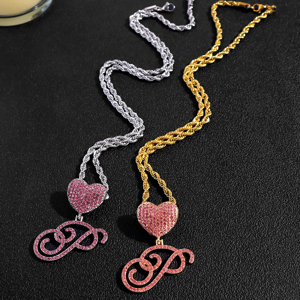 Hip Hop Pink A-Z Cursive Letter Initial Heart Pendant Necklace For Women Bling Iced Out Cuban Zircon Chain Necklace Punk Jewelry images - 6