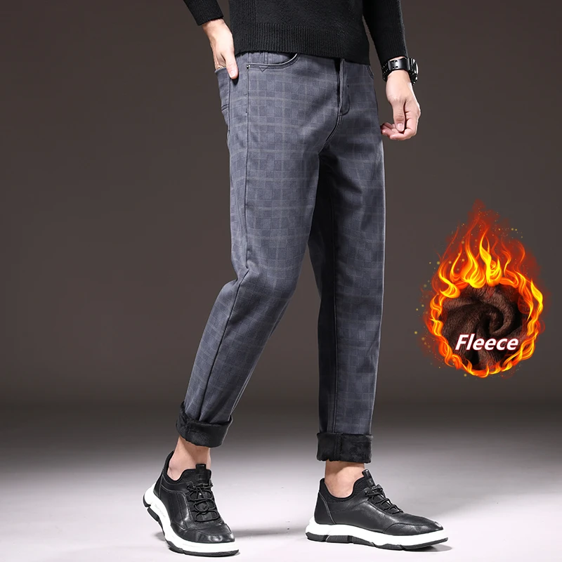 

SHAN BAO Winter Warm Plus Velvet Thick Casual Pants 2022 Brand Clothing Trend Rivet Men's Fitted Fashion Plaid Pants Wine red