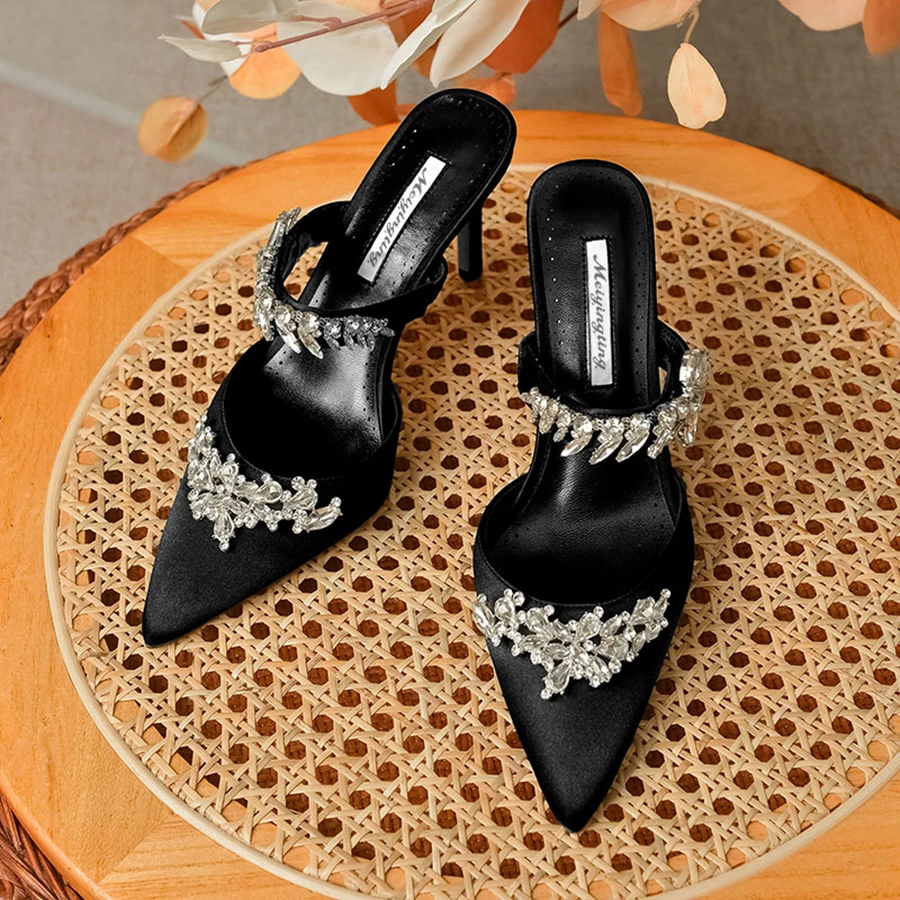 Women's High HeelsTemperament Baotou Silk Wheat Ear Rhinestones Muller Semi-Trailer Pump Pointed Stiletto Sandals