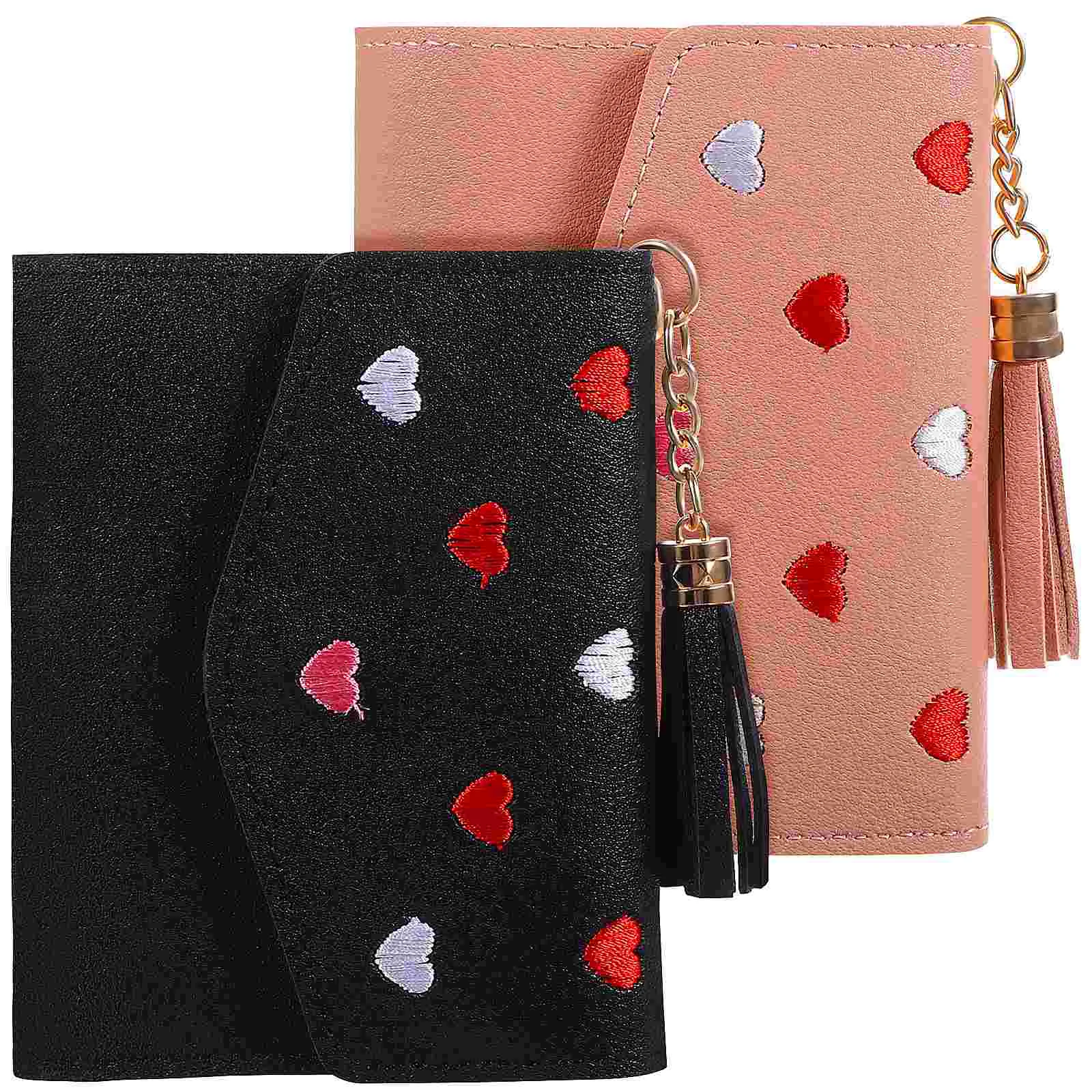 

2 Pcs PU Tri-folded Small Embroidery Heart Patterns Fashion Heart Purse Heart Wallet Women Wallet