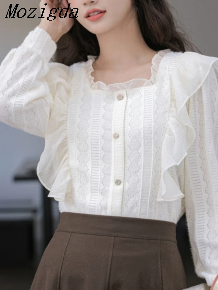 Осенние рубашки с оборками блузки корейские однотонные элегантные и молодежные