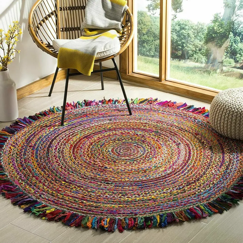 Rug 100% Natural Jute Cotton Round Reversible Rug Area Carpet Home Decor Rugs- bedroom decor  home  carpets