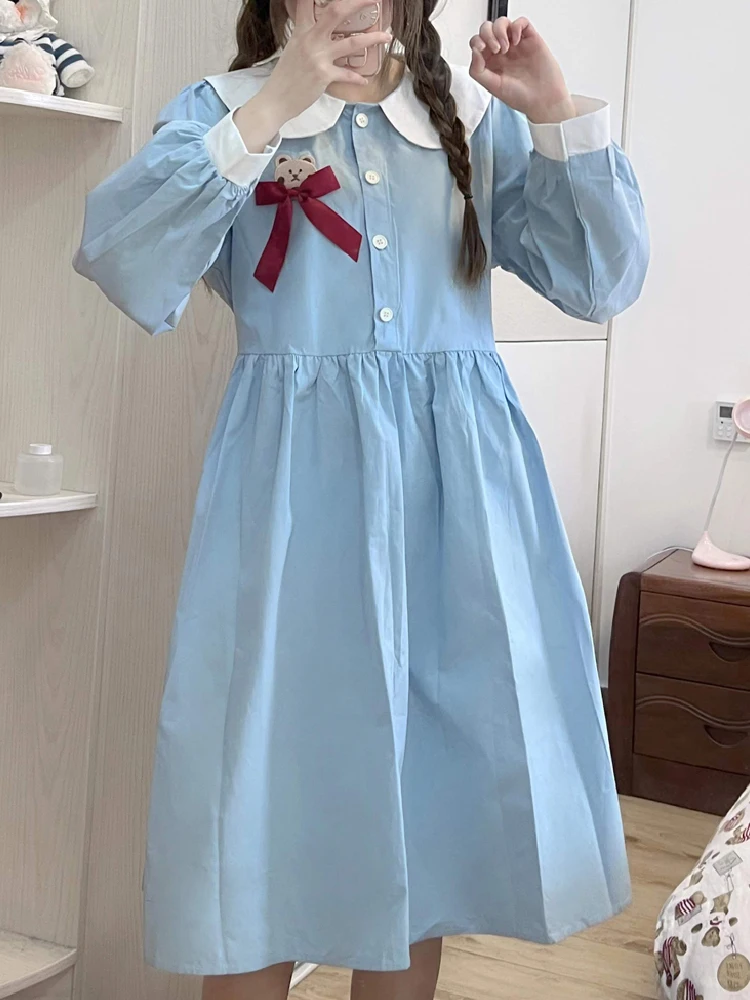 

Elegant Office Mori Girl Student Women Dress Korean Fashion Summer Sailor Collar Long Sleeve Loose Bow Preppy Style Ladies Dress