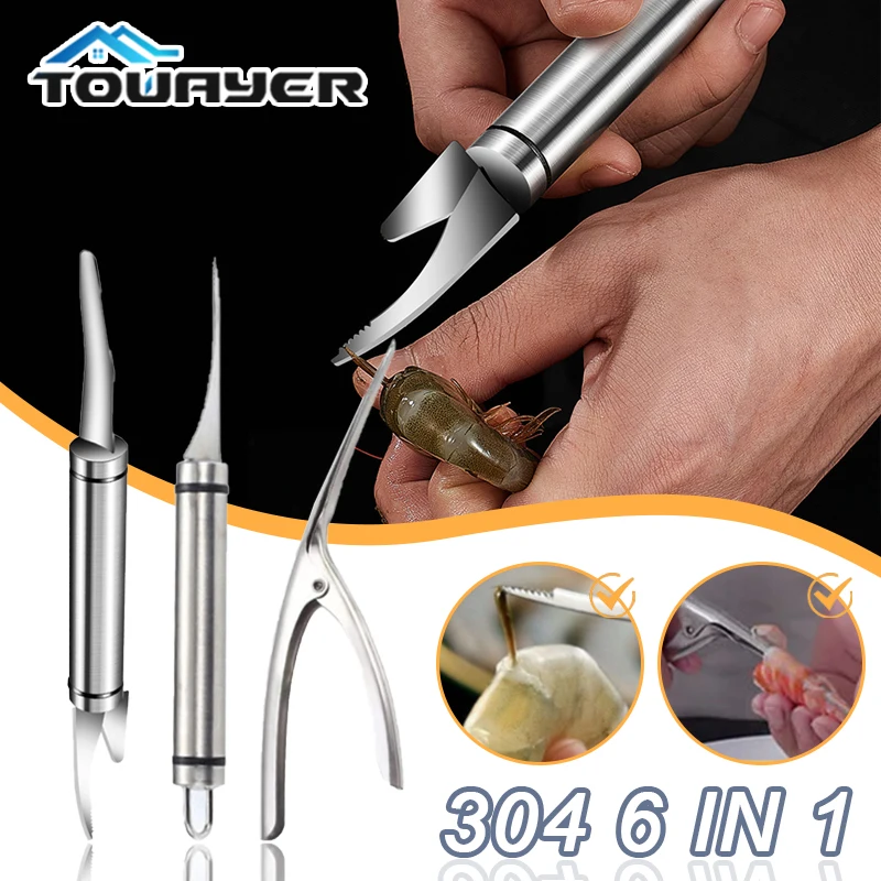 Multifunctional Fast Shrimp Peeler Stainless Steel 6 In 1 Fish Knife Shrimp Line Cutting /Scraping /Digging Knife Kitchen Tools