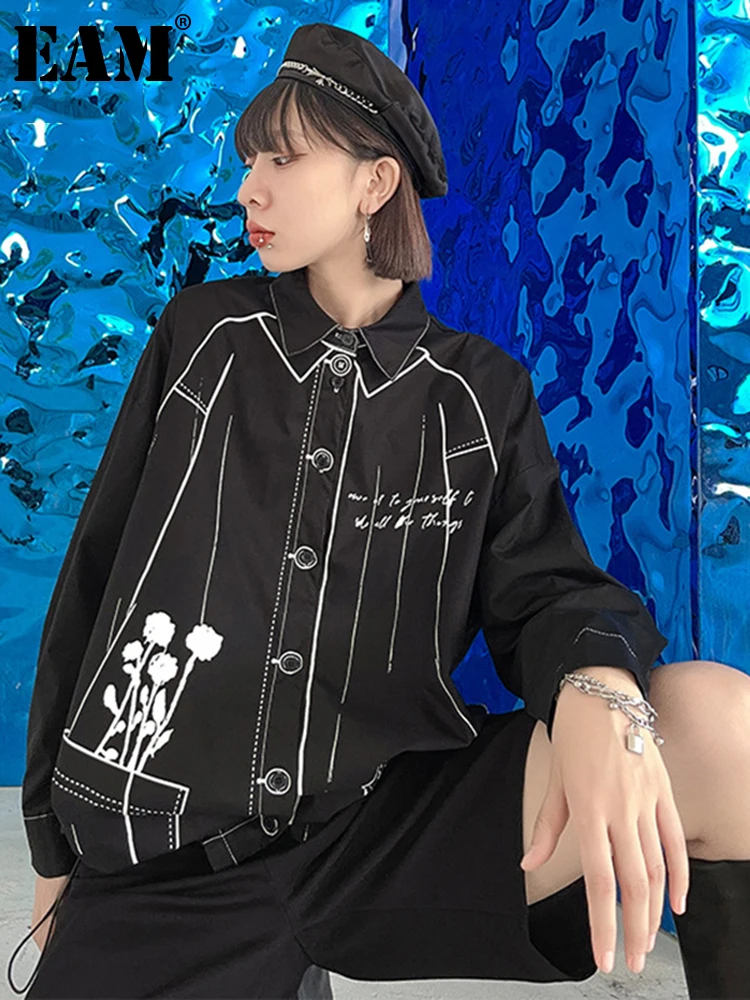 

[EAM] Свободная черная Повседневная куртка большого размера с принтом, Новое Женское пальто с длинными рукавами и отворотом, модная демисезон...