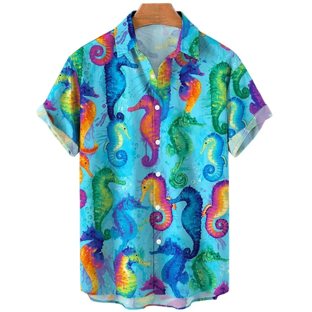 2023 Marine Animal Seahorse Fish 3d Pattern Hawaiian Men's Casual Short Sleeve Loose Summer Shirt 5xl