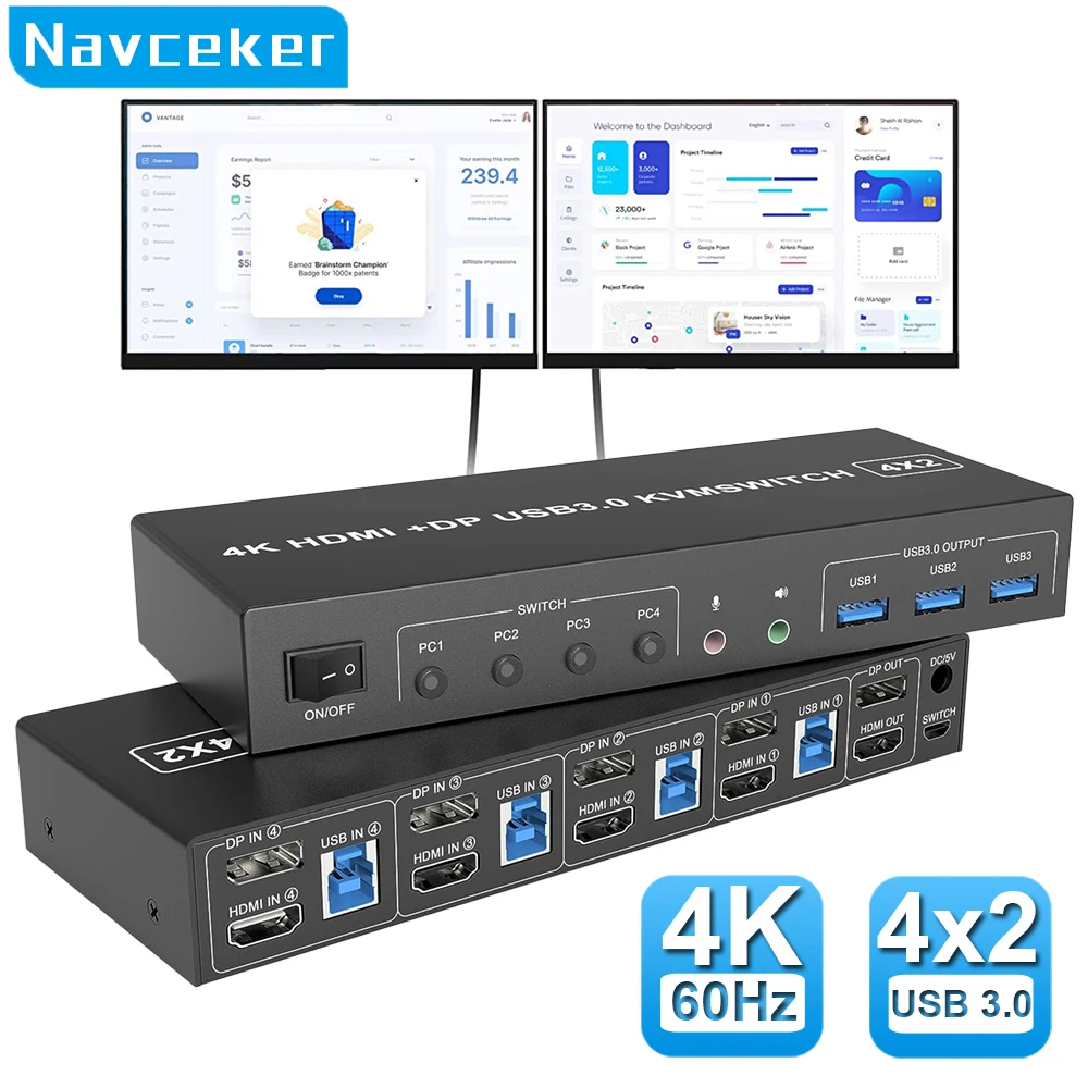 4 порта HDMI KVM USB 3,0 переключатель 4X2 двойной монитор 4K @ 60 Гц Расширенный дисплей DP KVM переключатель 4 в 2 выход для 4 ПК Share клавиатура мышь