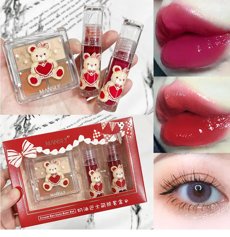 

Mansly Kawaii Make Up Set 2pcs Lip Gloss Kit and 1 Eyeshadow Palette Cute Bear or Rabbit Cosmetics Gift Make-up for Women