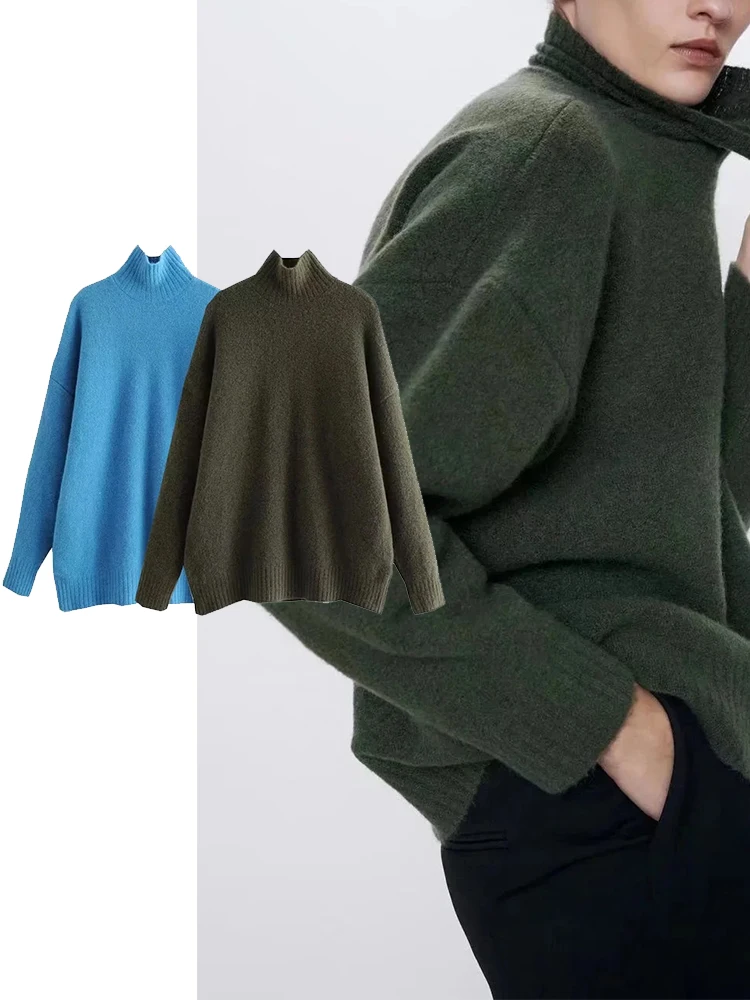 

TRAF 2022 Women Knit Sweater Fashion Thick Warm Oversized Warm Tops Vintage High Neck Long Sleeve Pullover Tops
