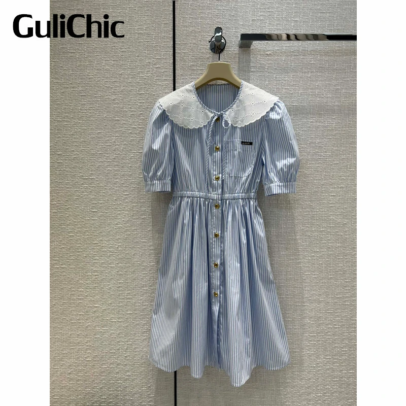 

Женское винтажное однобортное платье GuliChic, хлопковое платье в полоску контрастных цветов с вышивкой и сборкой талии, 5,10