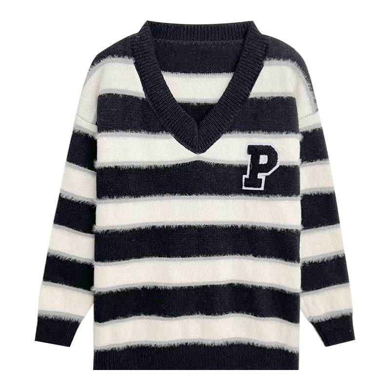 

COLLEGE WIND BLACK WHITE CONTRAST STRIPE LETTERS EMBROIDERY V-NECK LOOSE PATCHWORK SWEATER