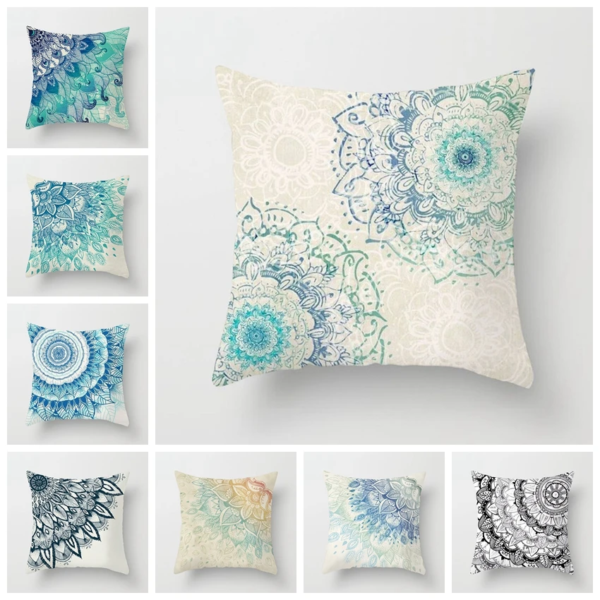 

Fuwatacchi Geometric Pattern Pillow Cases Mandala Flower Pillows Cover for Home Sofa Chair Square Blue Cushion Covers Decoration