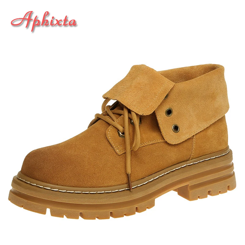 Aphixta 2022 Lace-up Women Suede Leather Boots High Top Autumn And Winter Warm Snow Shoes Chunky Sole Dr. Motorcycle Boots