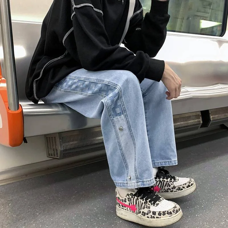 DEEPTOWN Straight Patchwork Jeans Men Vintage Hip Hop Denim Pants Trousers Male Streetwear Fashion Loose Casual Japanese Spring