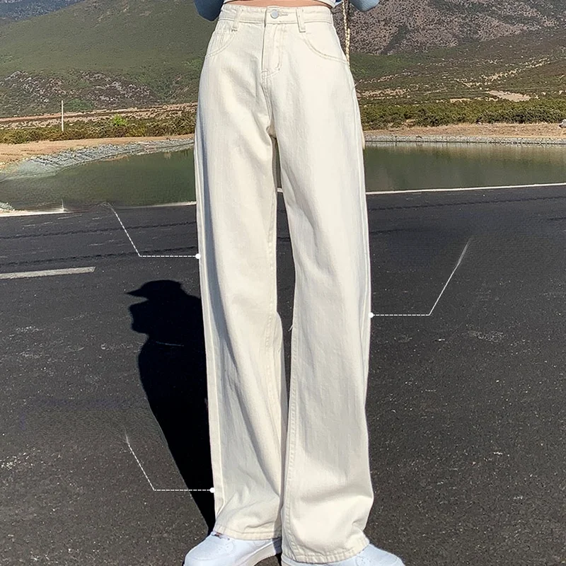 

Vintage High Waist Women White Jeans Korean Fashion Streetwear Wide Leg Jean Femal Denim Trouser Straight Baggy Denim Pants X344
