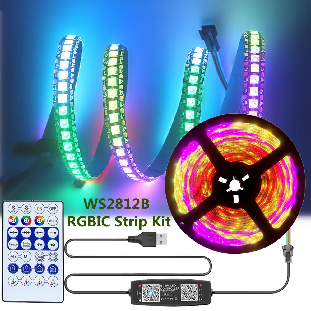 

WS2812B RGBIC LED Strip Bluetooth Music Controller WS2812 IC Individually Addressable Dream Color Lamp Bedroom TV Computer Decor