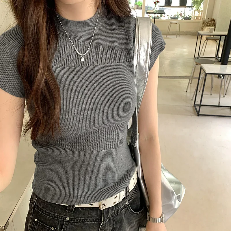Высококачественный утягивающий вязаный топ с короткими рукавами женские летние