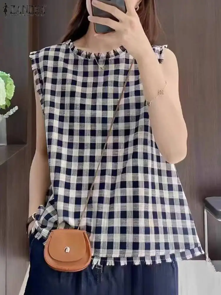Корейский Летний клетчатый Топ ZANZEA без рукавов Женская Повседневная свободная