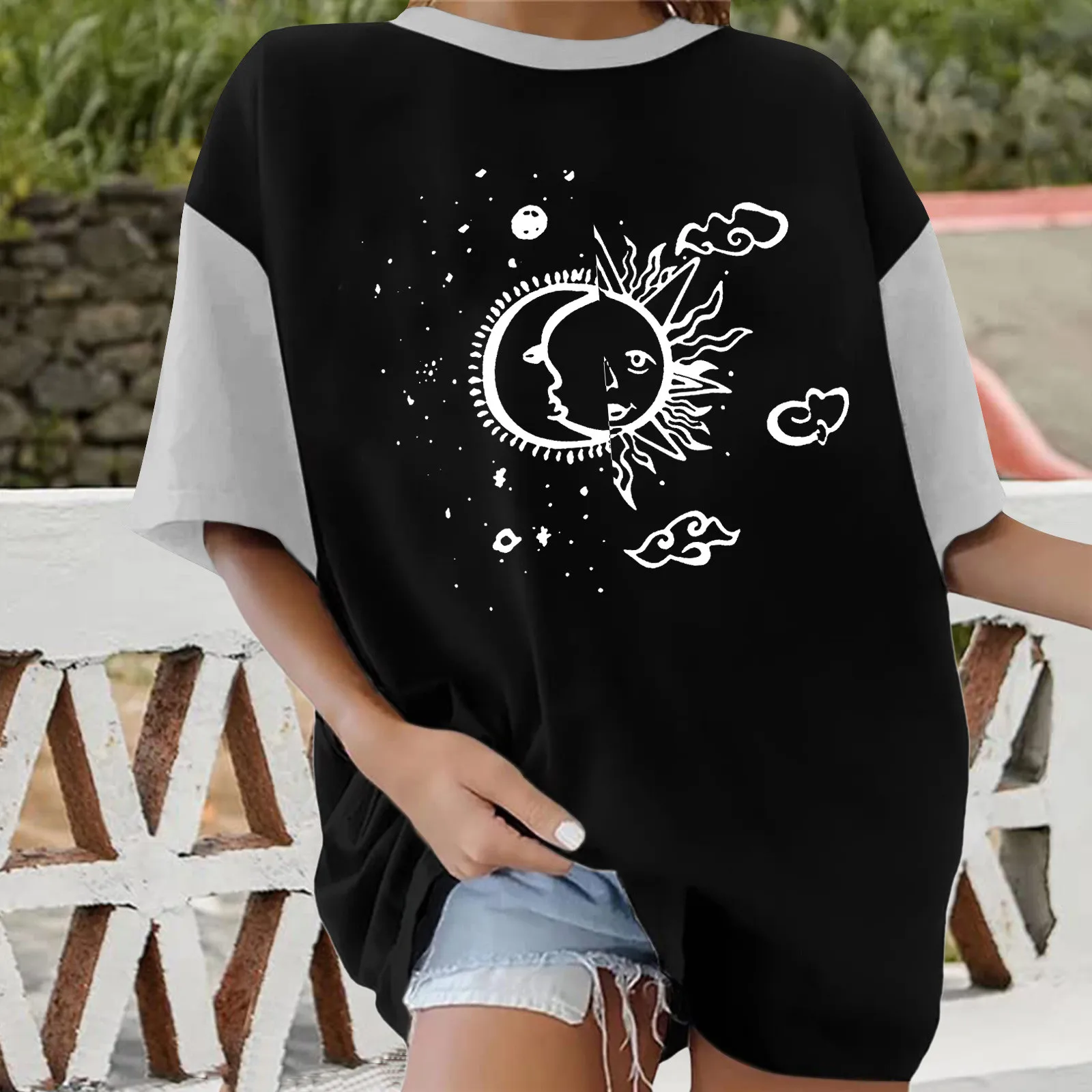 

Gray Tops Women Casual Womens Novel Monogram Oversized Drop Shoulder Short Sleeve Crew Neck Oversized T Long Tops Cap Sleeve