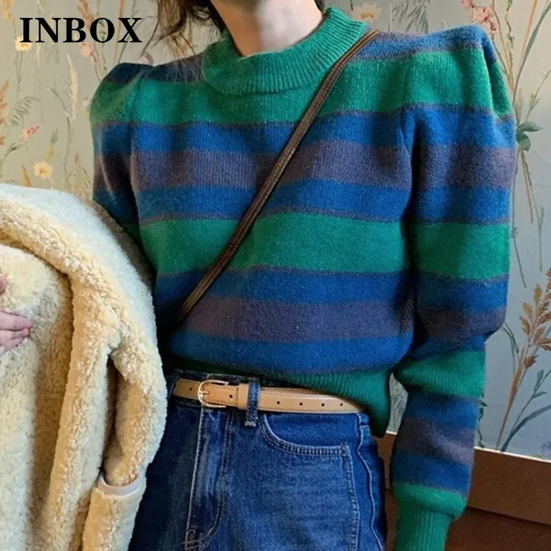 

Korean Stripes Patchwork Women's Sweater 2023 Spring Vintage Puff Sleeve Short Knited Ladies Green O-neck Pullovers