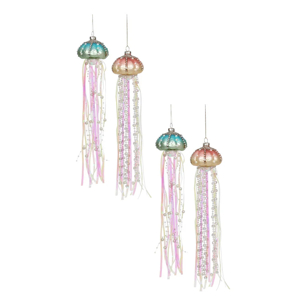 

4 Pcs Christmas Tree Ornaments Jellyfish Glass Beaded Beach Coastal Pendant Xmas Decor Themed Party Plastic
