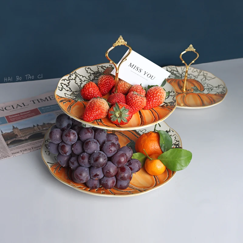 

European-style second-floor fruit bowl household ceramic double-layer online celebrity fruit tableware dessert table snack plate