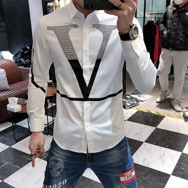 Hot Sale Rhinestone Letter Shirts Men Long Sleeve Business Casual Dress Shirt Slim Streetwear Social Nightclub Chemise Homme