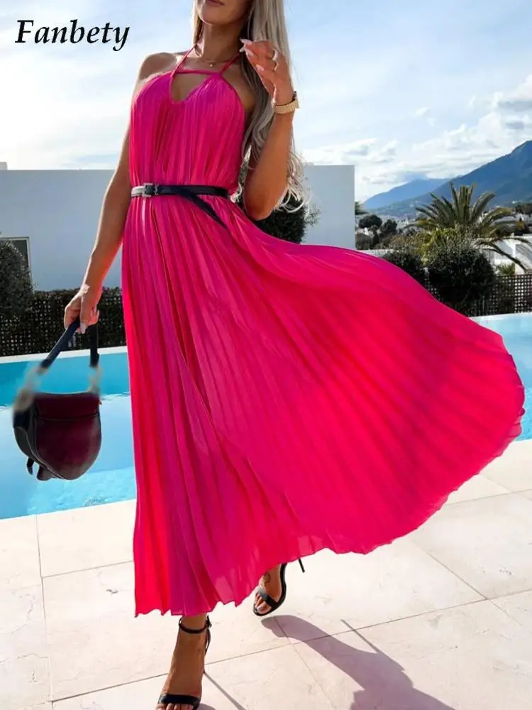 

Women Sexy Off Shoulder Halter Beach Dress 2022 Summer Fashion Solid Color Long Dress Lady Elegant Backless Loose Pleated Dress