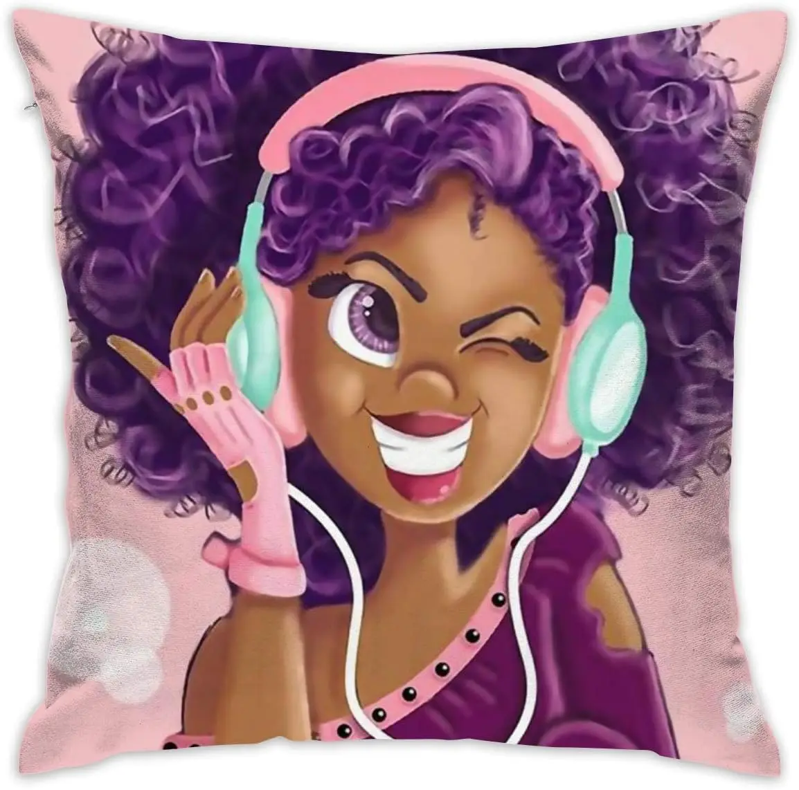Black Art Throw Pillow Cover, Black Girls African American Girls Love Music Purple Hair, Pillow Cover Decoration