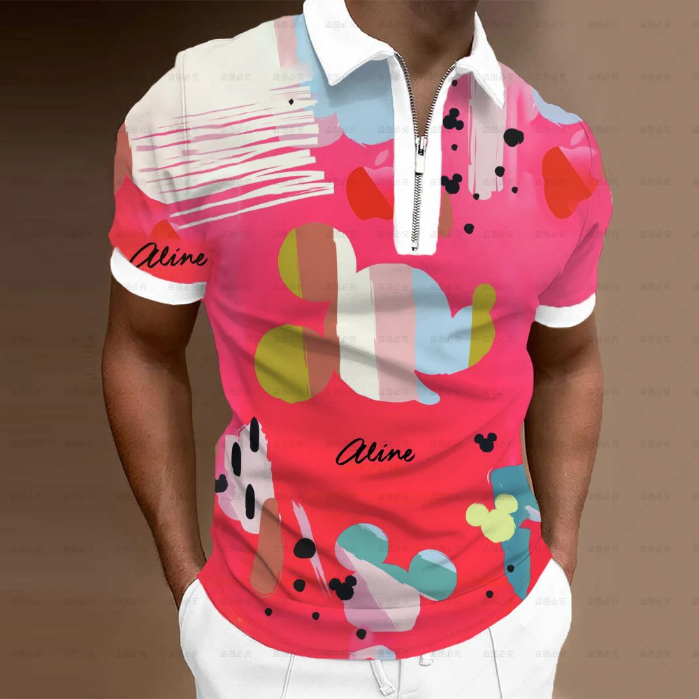 

Disney Brand Fashion Men Matching Clothing Polo Shirt Golf Casual Cartoon Mickey Short Sleeve T Shirt Men's Lapel Zip Polo Shirt